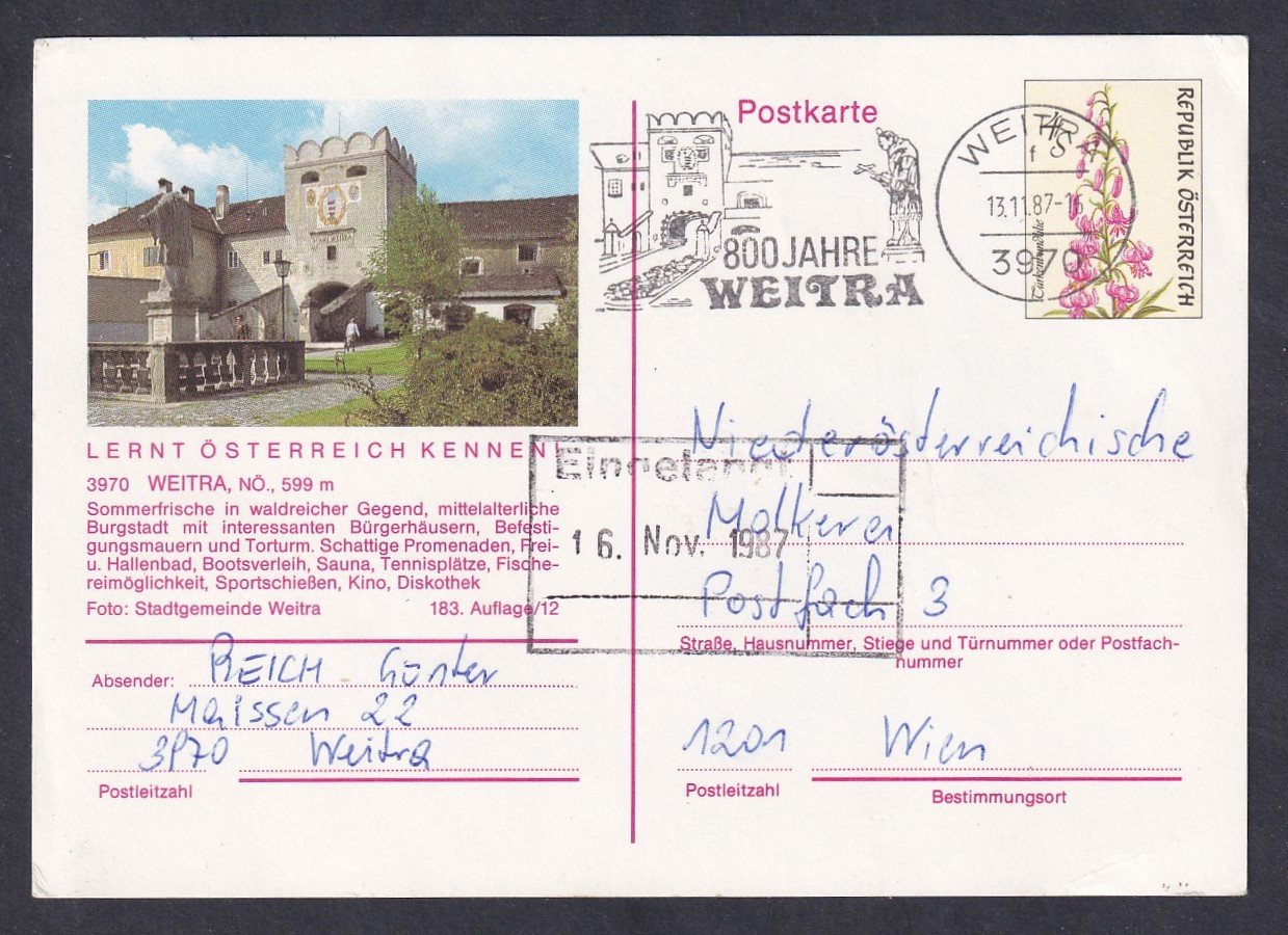 1987. Ausztria, díjjegyes levelezőlap