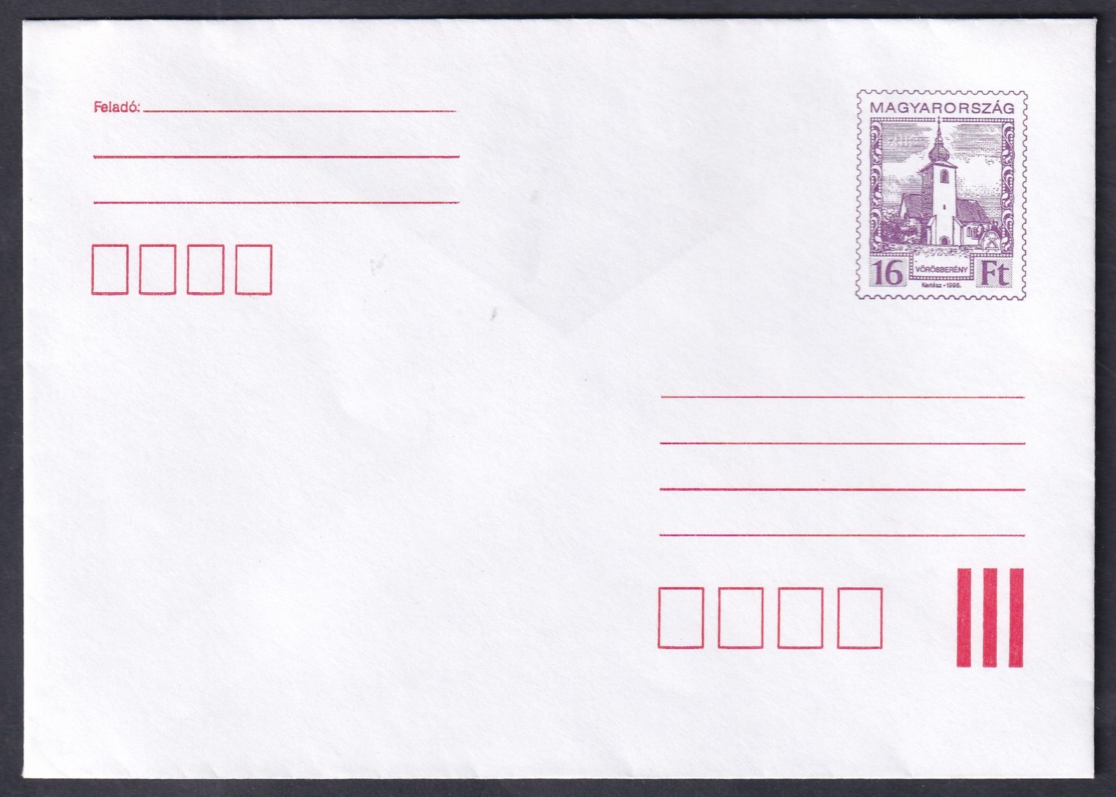 1996. 16 Ft vöröslila díjjegyes boríték
