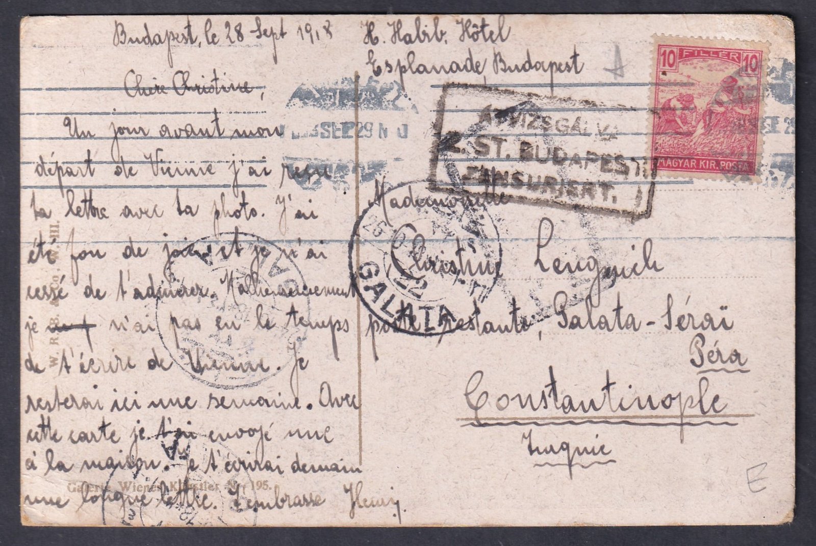1918. Budapest, Konstantinápolyba feladott cenzúrázott képeslap - Galatz átmenő bélyegzéssel