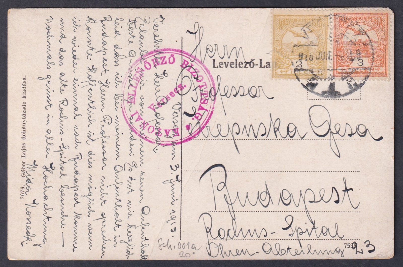 1915. Versecz, Budapestre feladott cenzúrázott képeslap