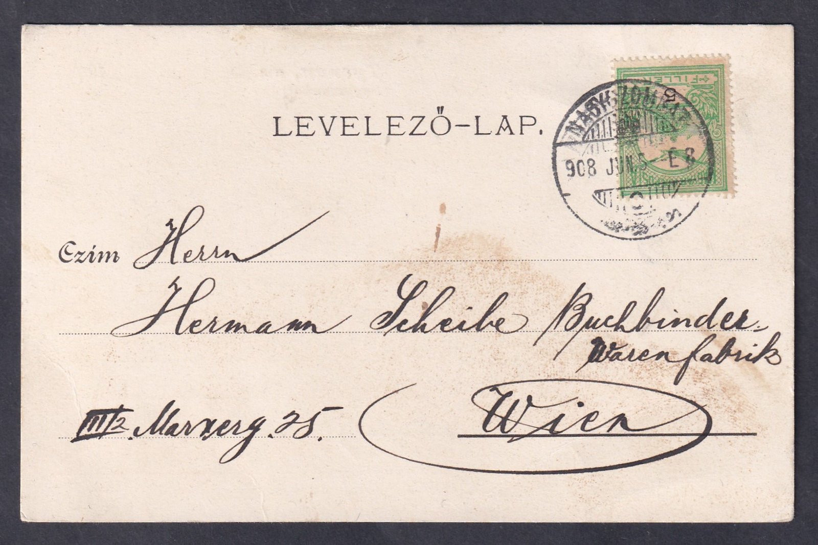 1908. Nagyszombat, Bécsbe feladott előrenyomtatott céges levelezőlap