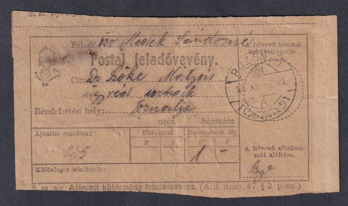 1944. Rozsnyó, Postai feladóvevény