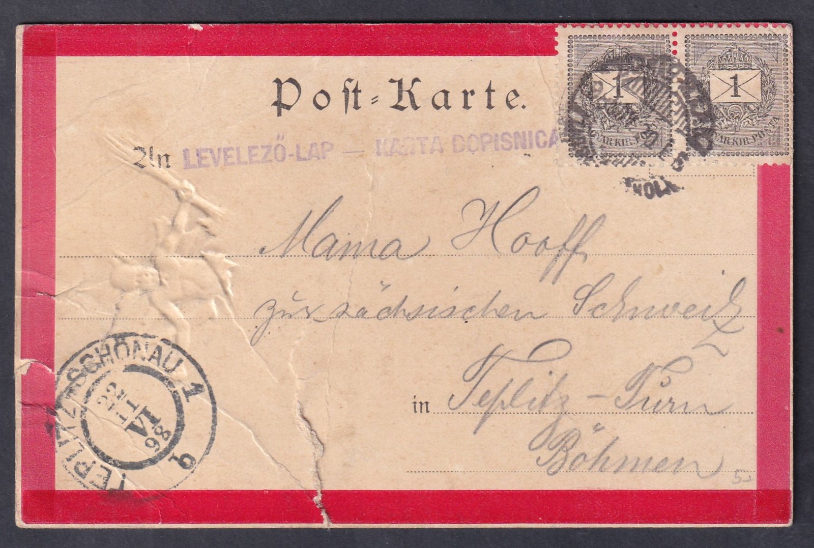 1898. Teplitz-Schönau, Bohmen-be feladott levelezőlap