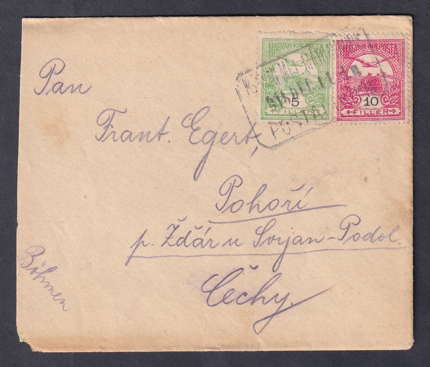 1914. KECSKEMÉT-MÁRIAVÁROS postaügynökség bélyegzéssel, Pohoří ba feladott levél