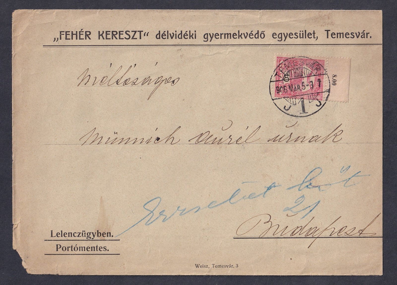 1906. Temesvár. Budapestre feladott levél