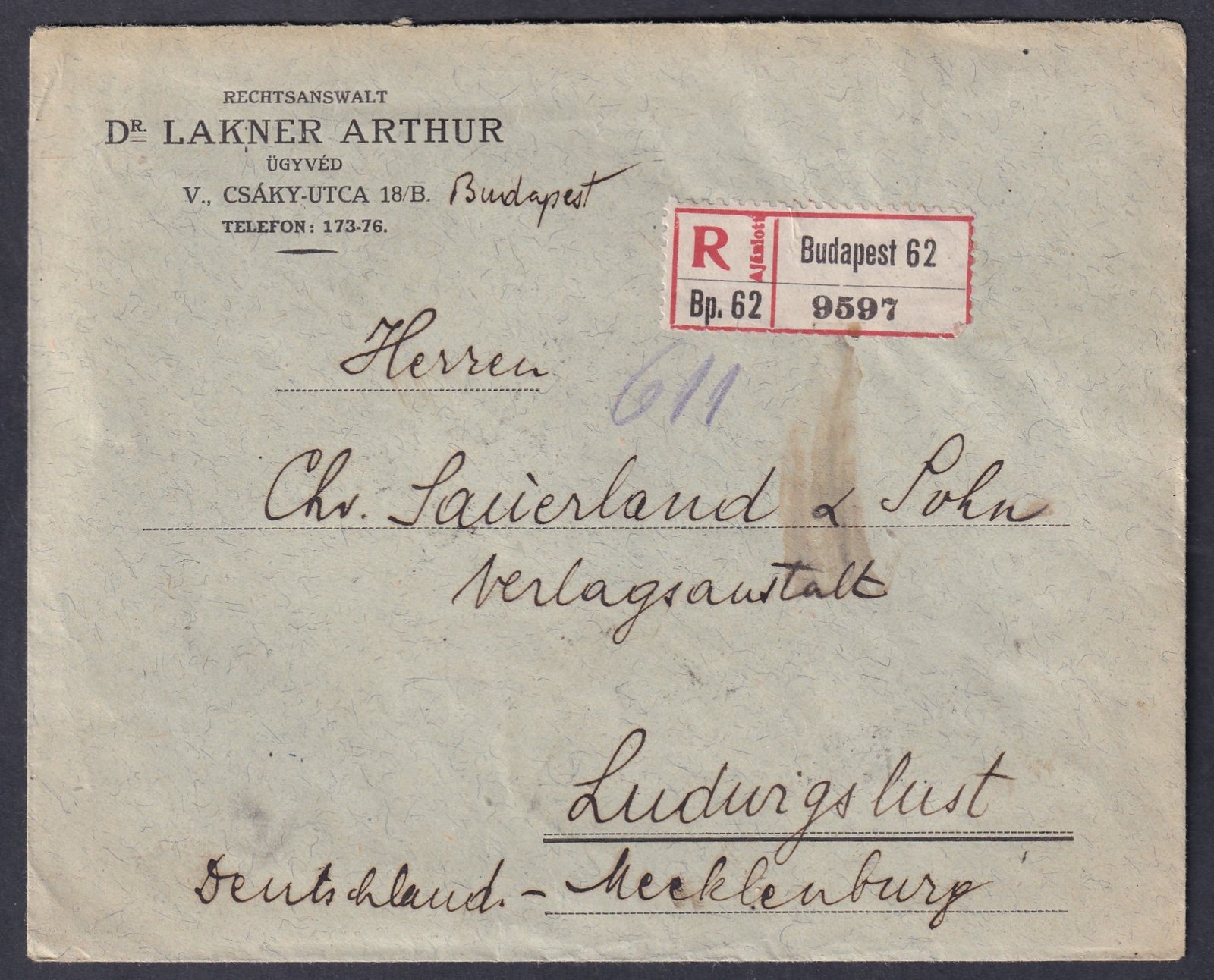 1916. (6. d.sz.) Budapest, Ludwigslust-be feladott ajánlott levél