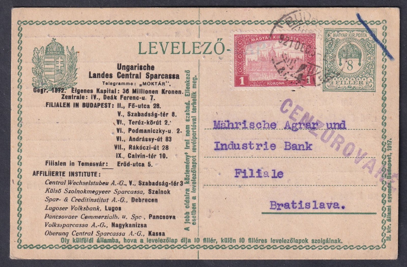 1921. Budapest, Bratisvlava-ba feladott cenzúrázott előrenyomtatott céges levelezőlap (álvegyes bérmentesítéssel a tarifa 1 Korona)