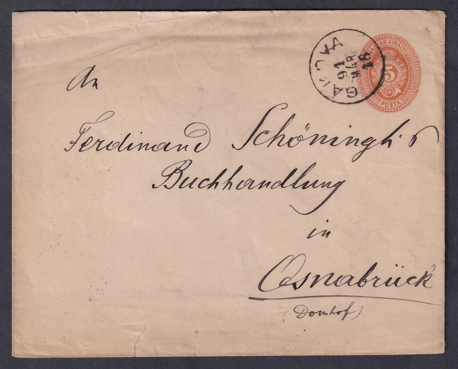 1891. Gákova, Osnabrück-be feladott díjjegyes boríték