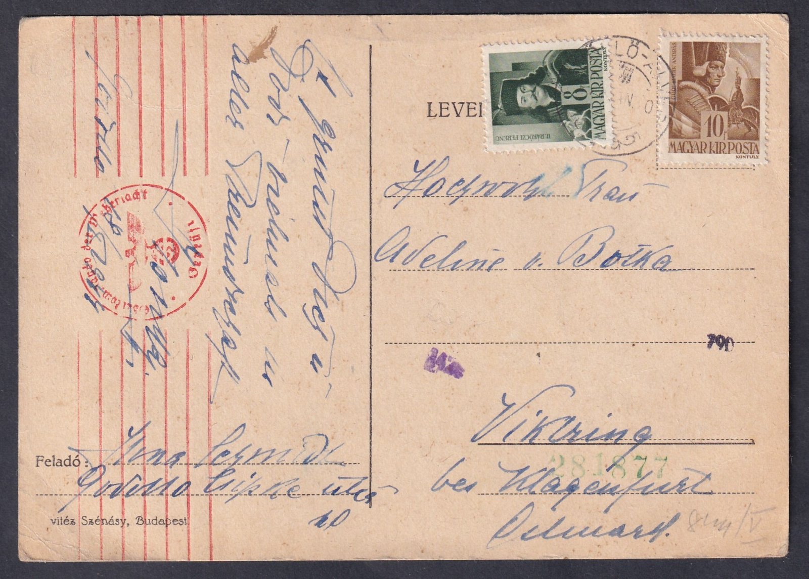 1944. Gödöllő-Alvég, Viktring-be feladott cenzúrázott levelezőlap