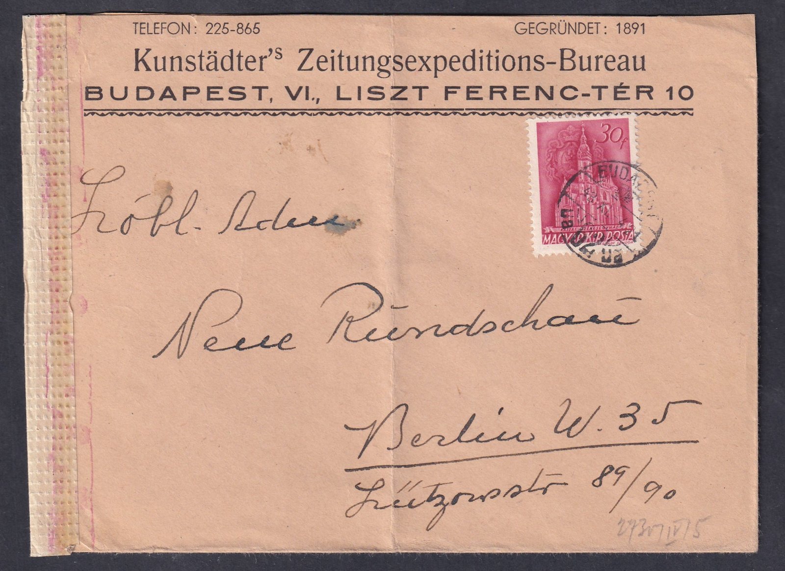 1943. Budapest, Berlinbe feladott cenzúrázott levél