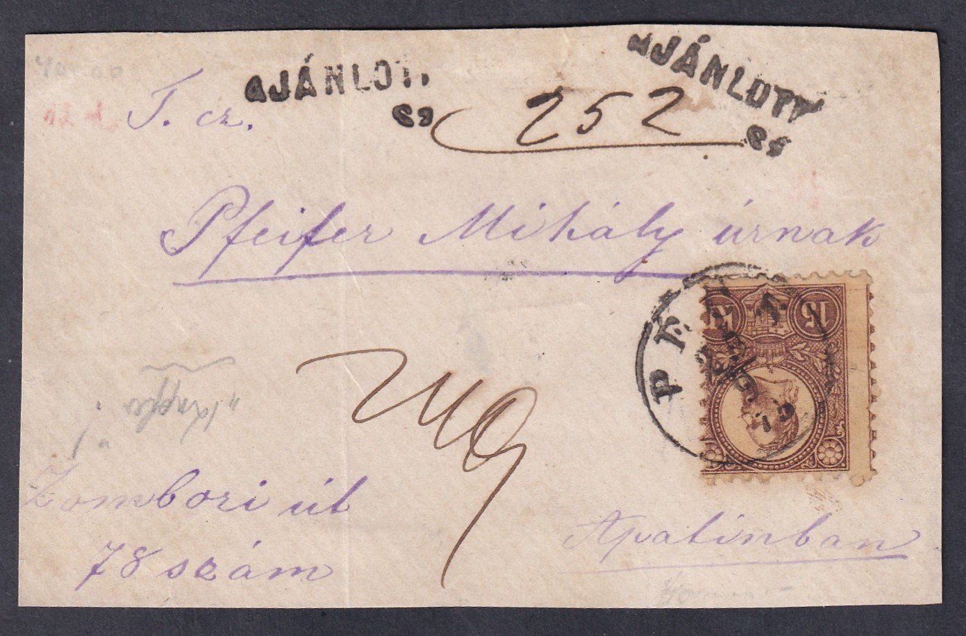 1875. Pécs, ajánlott levél előlap, Réznyomat 15 kr (érdekes színárnyalat!)