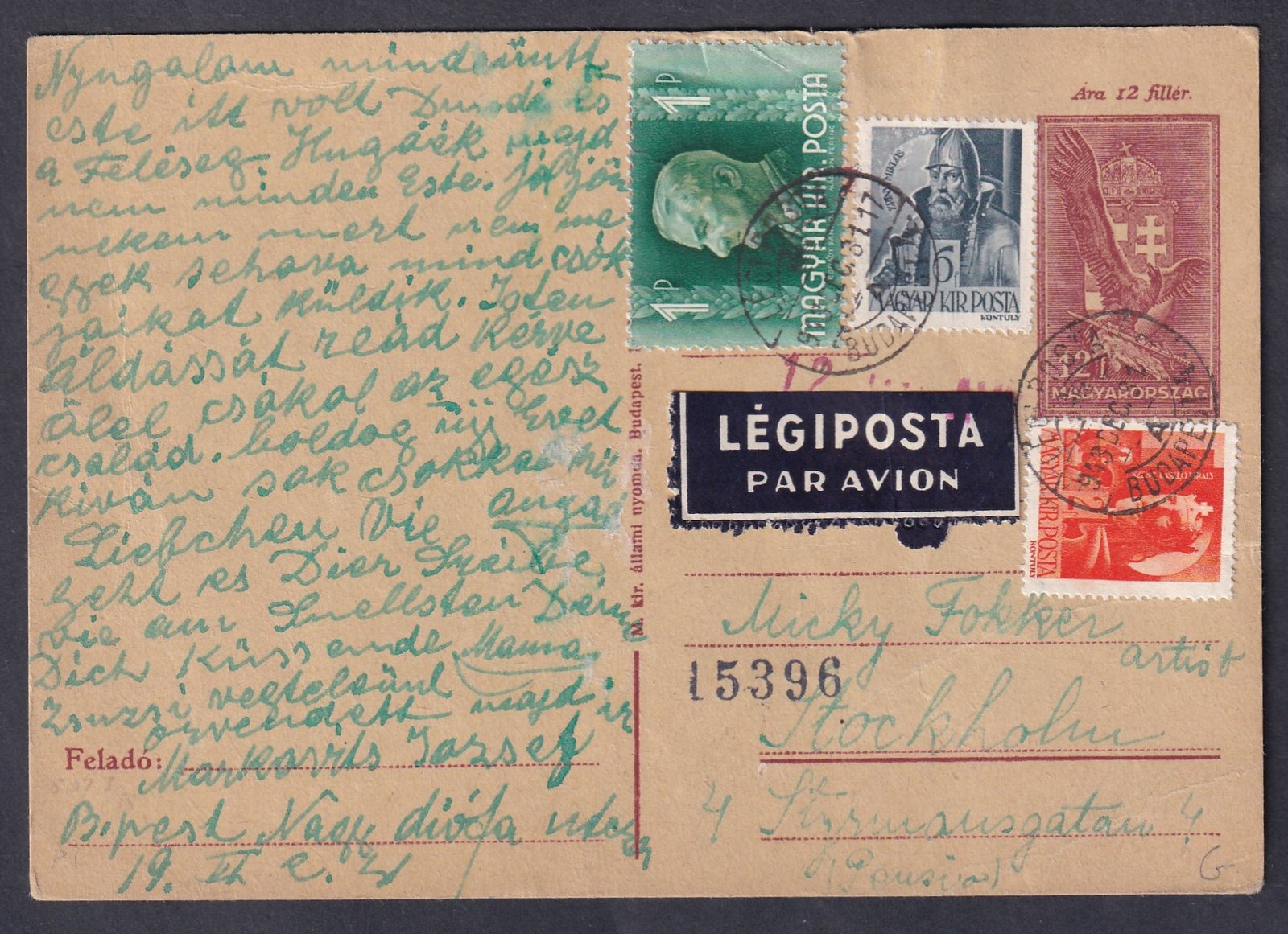 IMG_20260130_0013 1943. Budapest, Stockholmba légipostán feladott díjkiegészített levelezőlap, nagyon ritka küldemény típus!