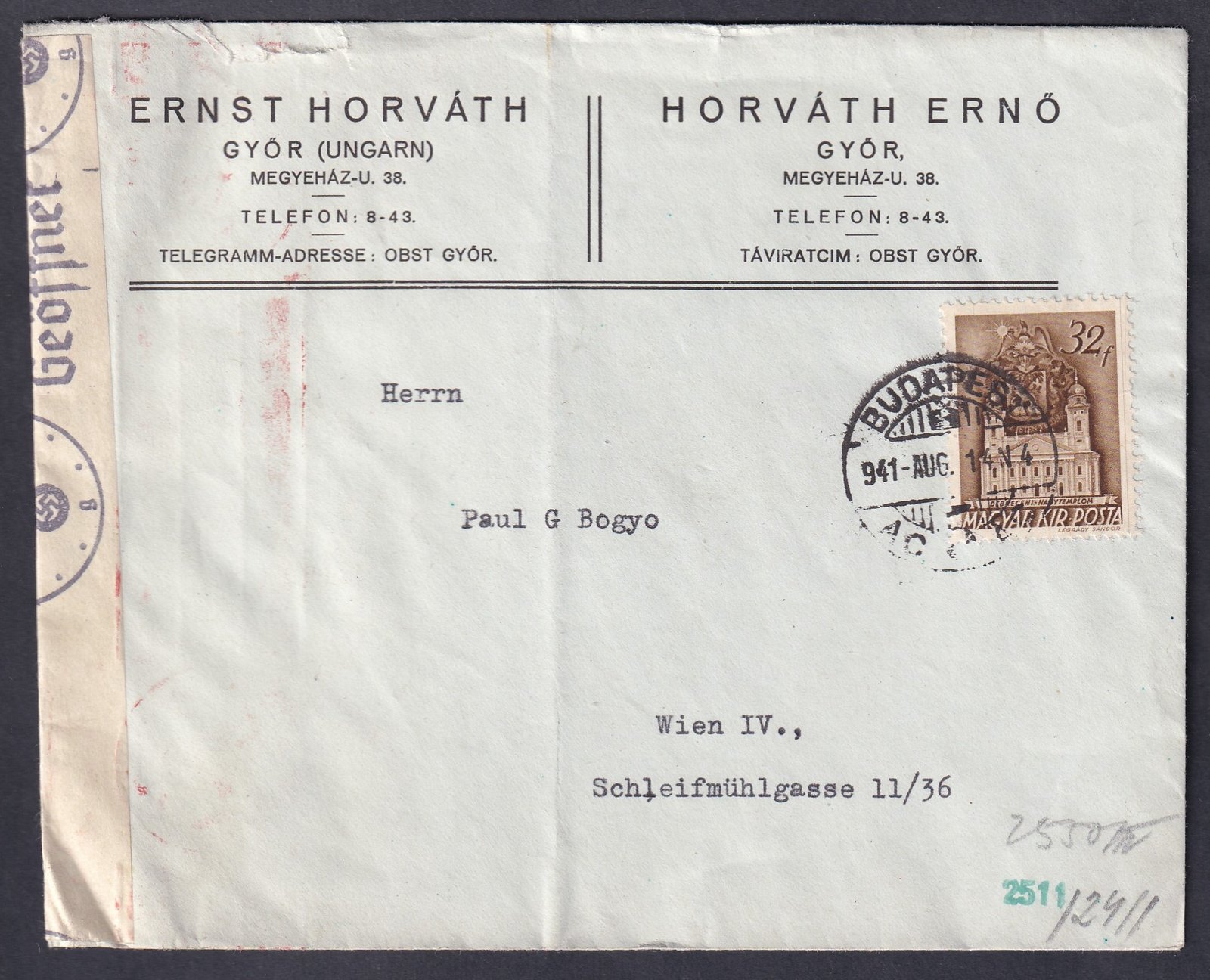 1941. Budapest, Bécsbe feladott cenzúrázott levél