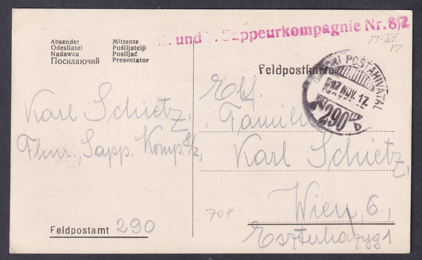 1917. K.u.K. Sappeurkompagnie Nr. 8/2 – Feldpostkarte – Feldpostamt 290  I. világháborús tábori levelezőlap piros „k. und k. Sappeurkompagnie Nr. 8/2” alakulatbélyegzéssel (osztrák–magyar műszaki/utász egység)
