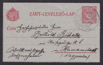 1915. Felek, Nagyszebenre feladott  díjjgyes zárt-levelezőlap