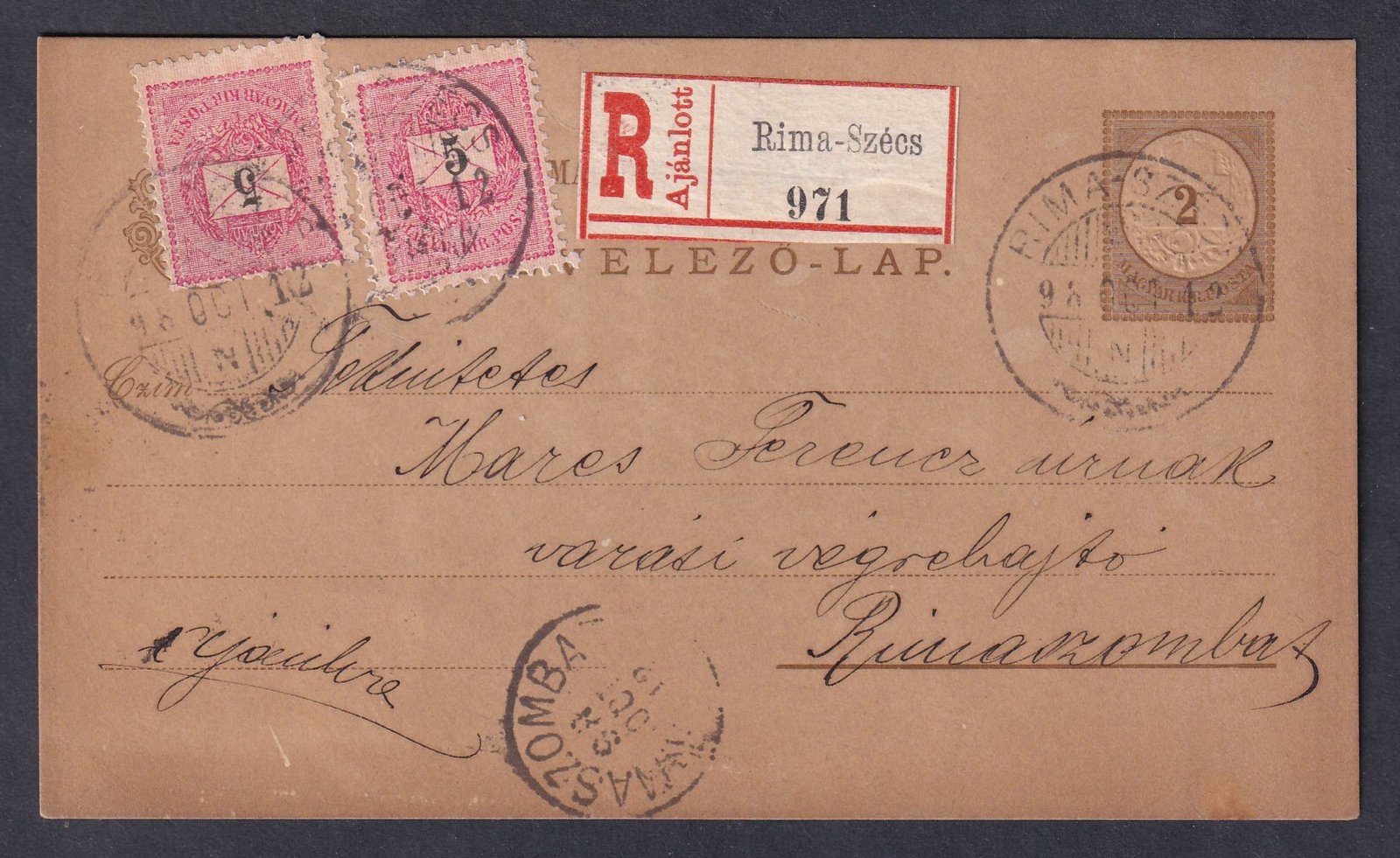1898. Rima-Szécs, Rimaszombatra díjjegykiegészítéssel feladott ajánlott levelezőlap