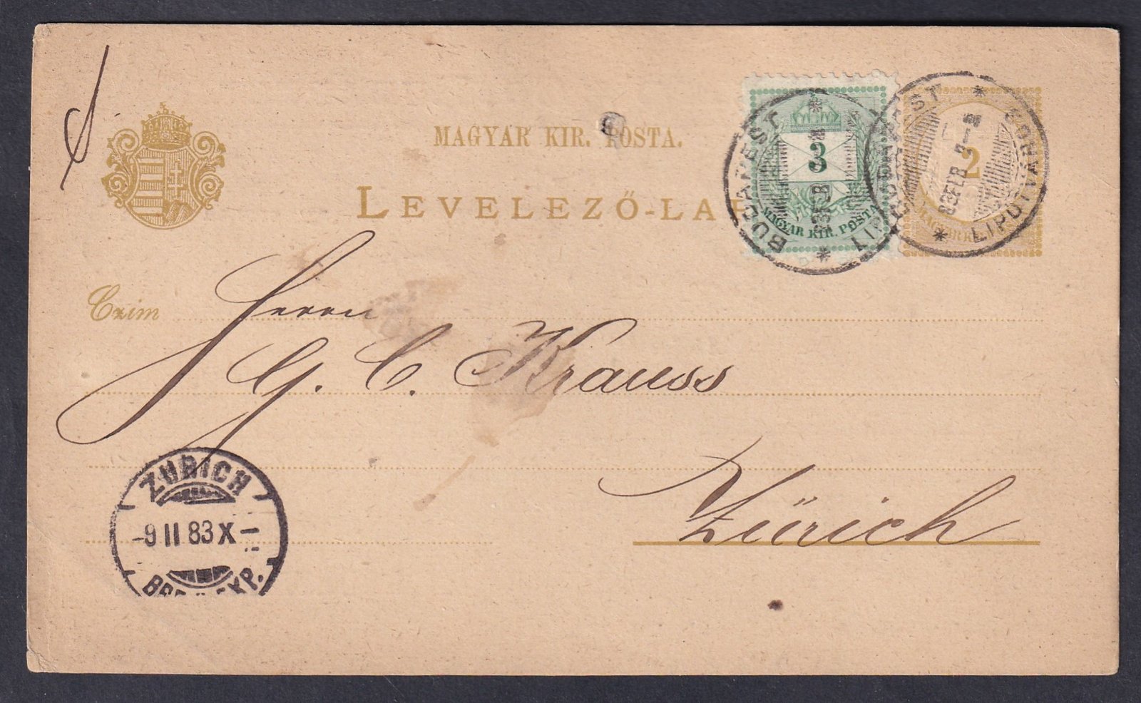 1883. Budapest, Zürich-be feladott díjkiegészített levelezőlap, céges előnyomással