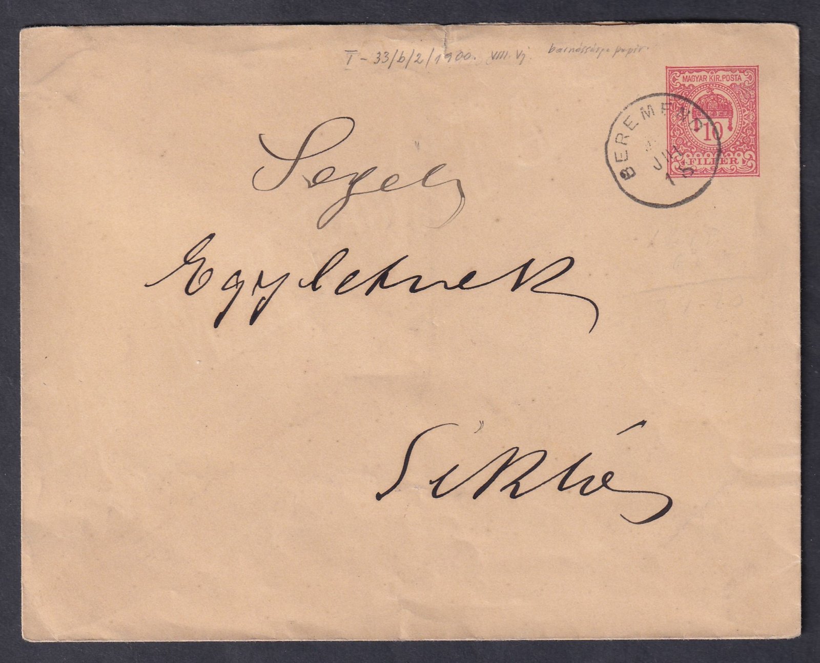 1900. Beremend, Siklósra feladott díjjegyes boríték