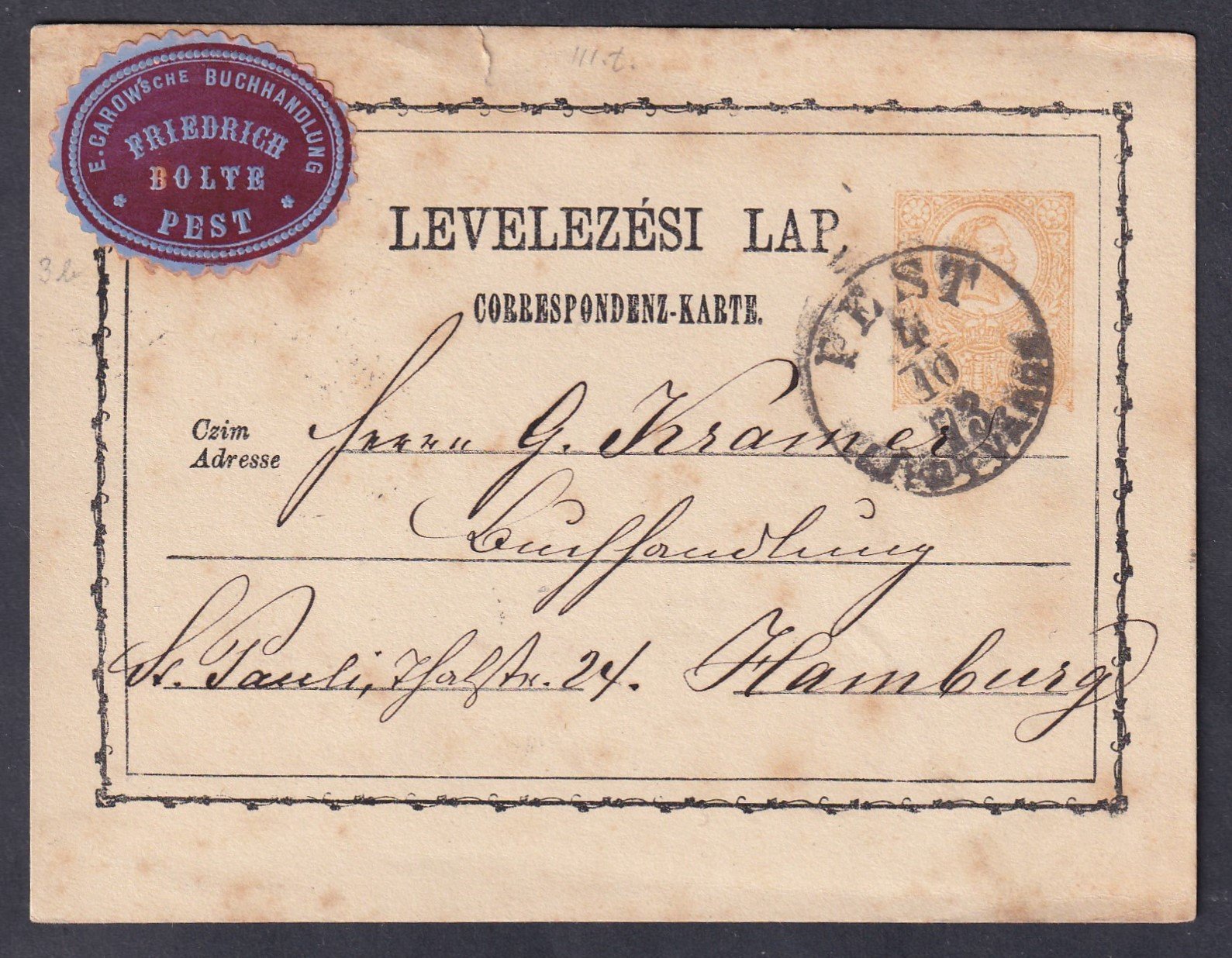 1873. Pest, Hamburgba feladott díjjegyes levelezőlap l reklám levélzáróval