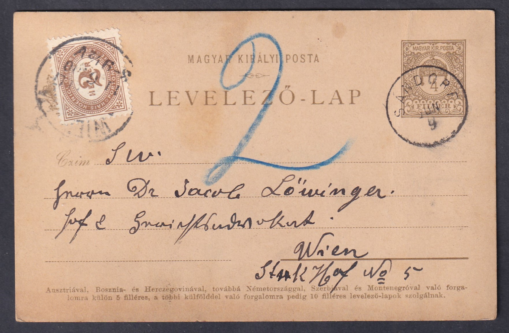 1900. Sándorfa, Bécsbe feladott portózott levelezőlap