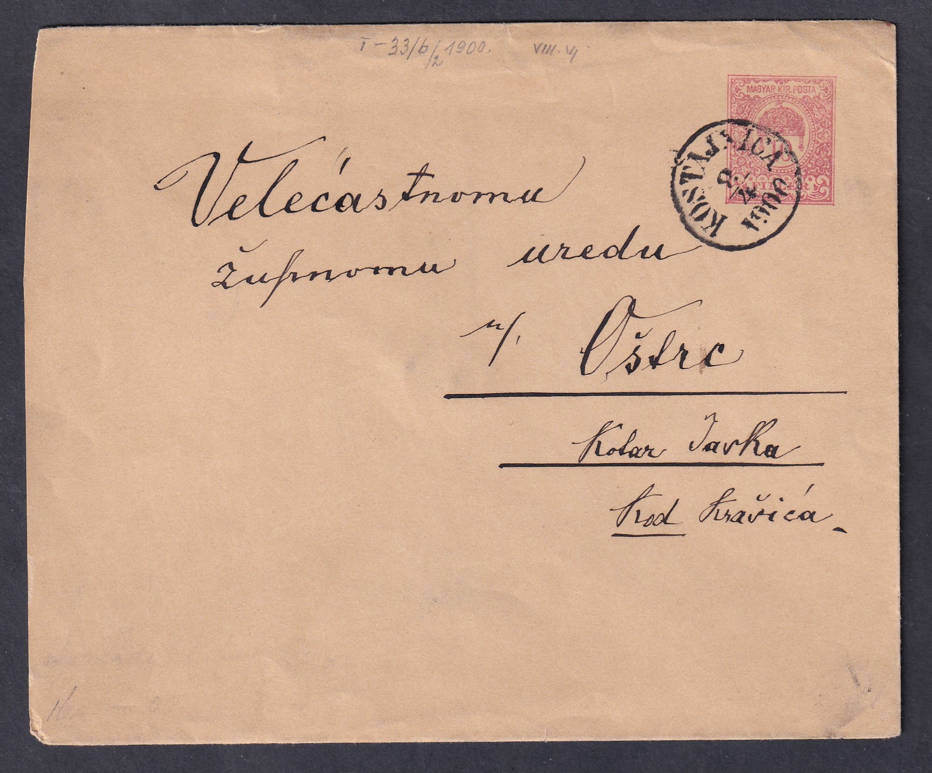 IMG_20260213_0009 1900. Kostalnica, Romániába feladott díjjegyes boríték
