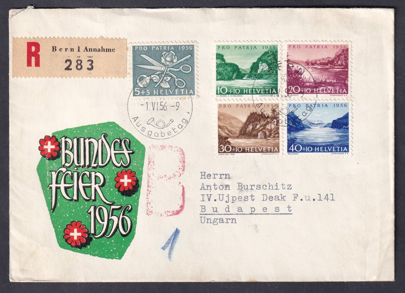 1956. Svájc, Budapestre feladott FDC ajánlott levélként