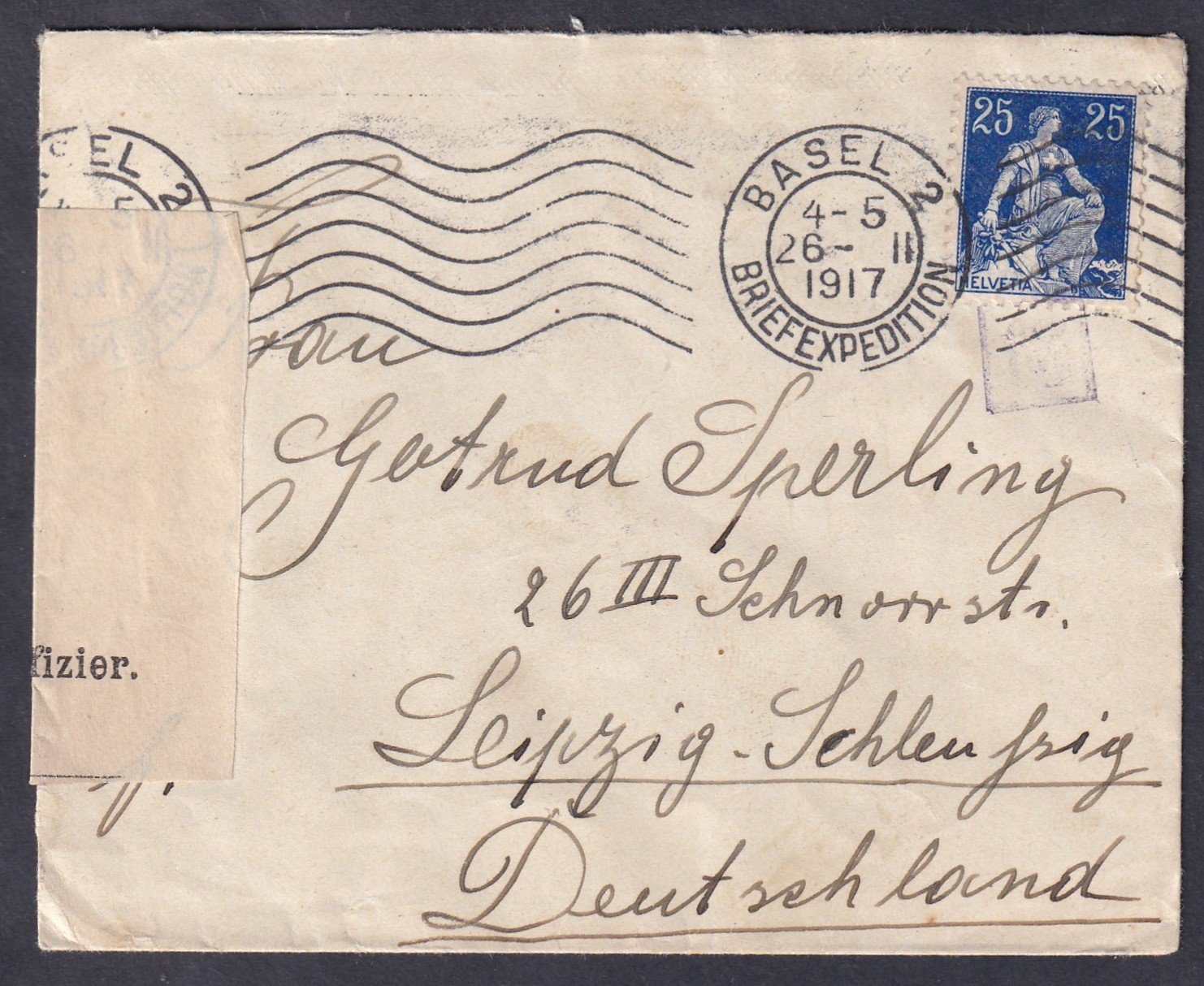 1917. Svájc, Németországba feladott cenzúrázott levél