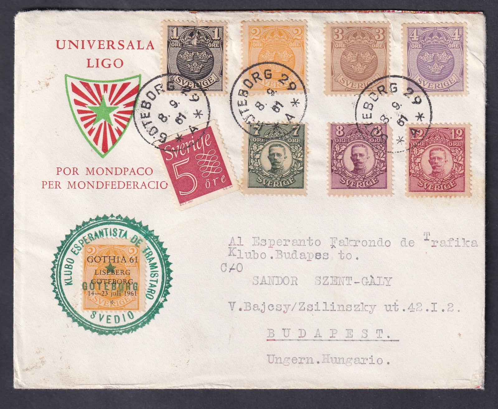 1961. Göteborg, Budapestre feladott eszperantó levél - reklám levélzáróval