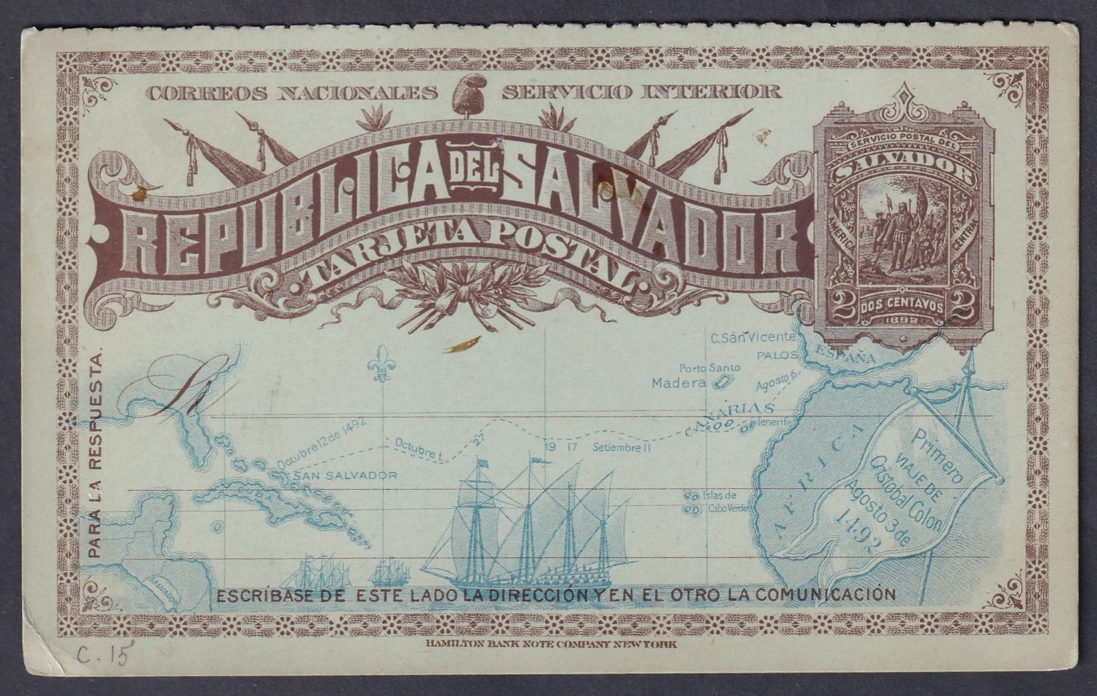 1892. Salvador, 2 centavos használatlan díjjegyes levelezőlap