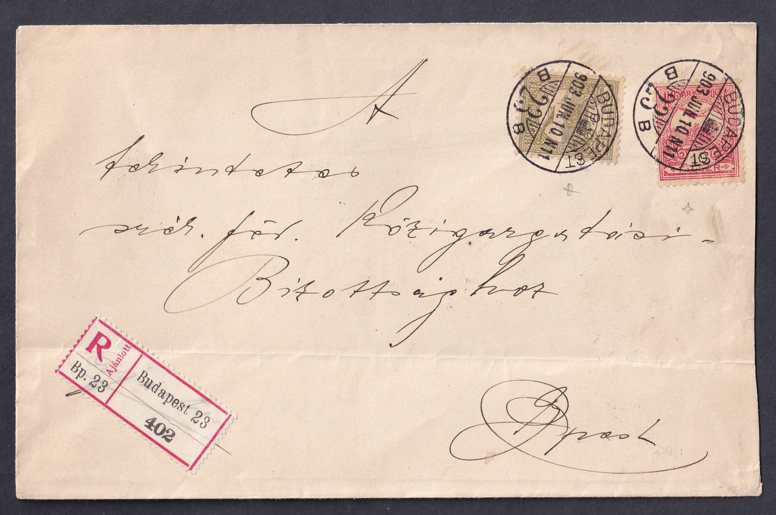 1903. Budapest, helyben feladott ajánlott levél