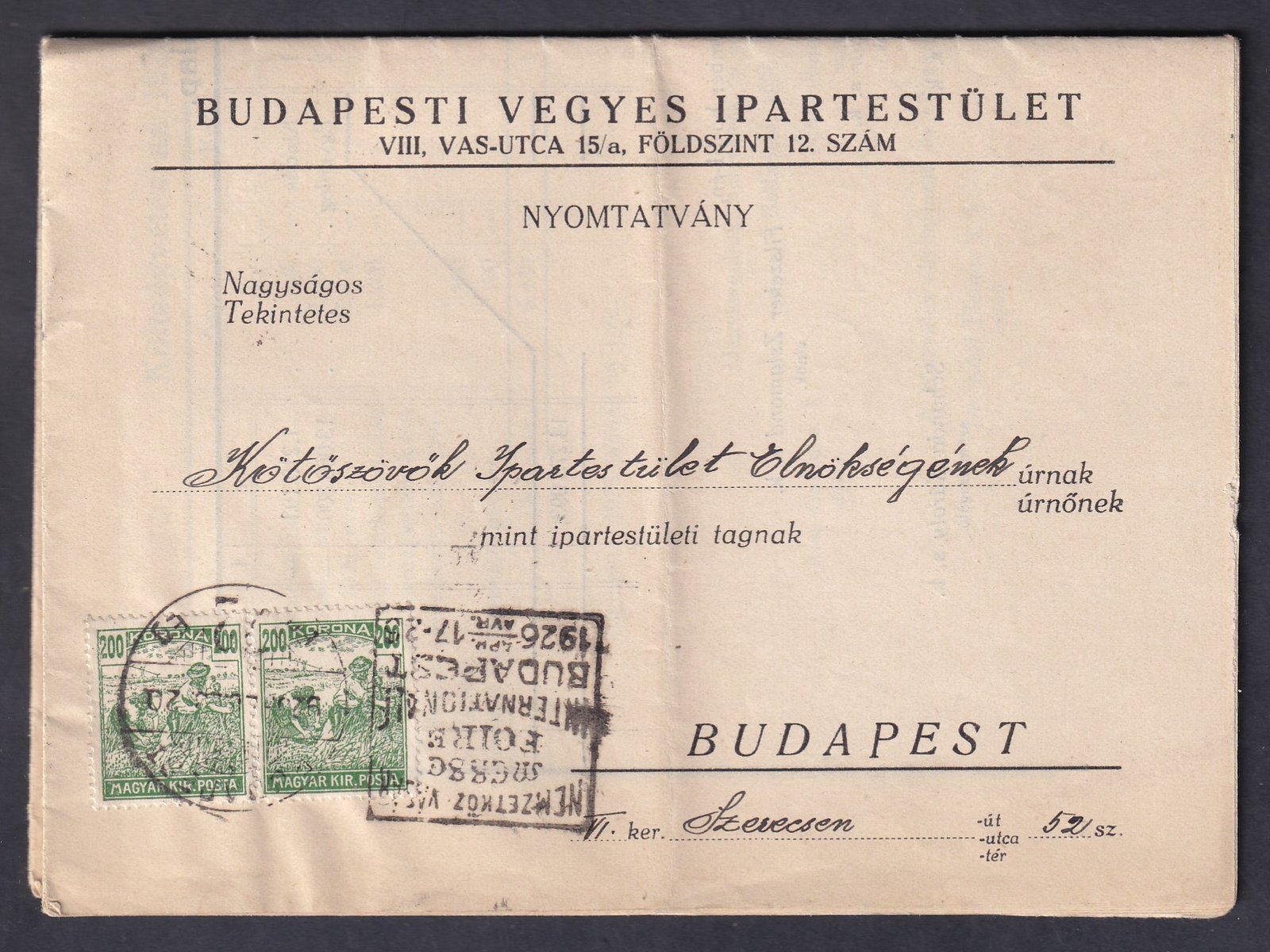 1926. Budapest, helyben feladott nyomtatvány, alkalmi bélyegzéssel - tartalommal