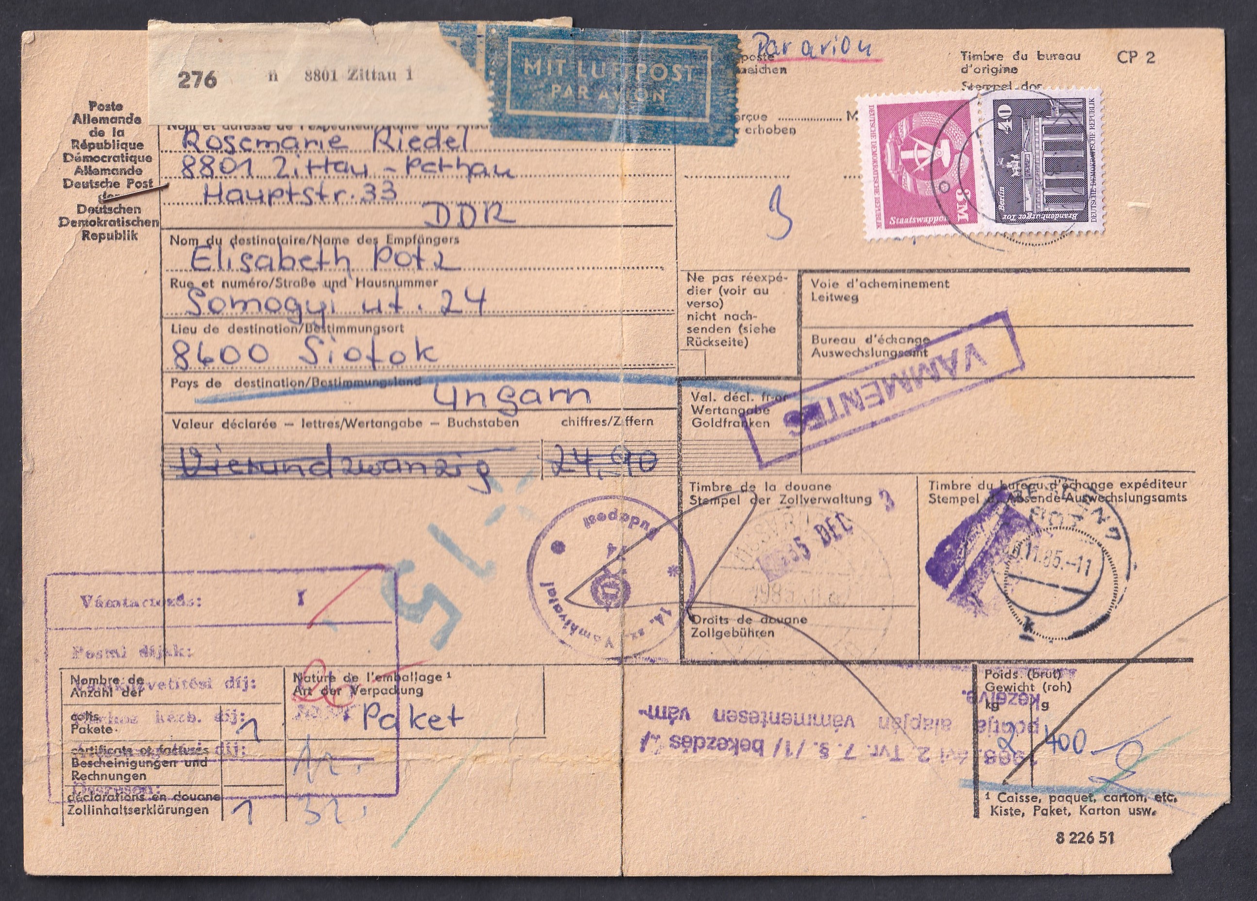 1985. Németország, Magyarországra légipostán feladott szállítólevél