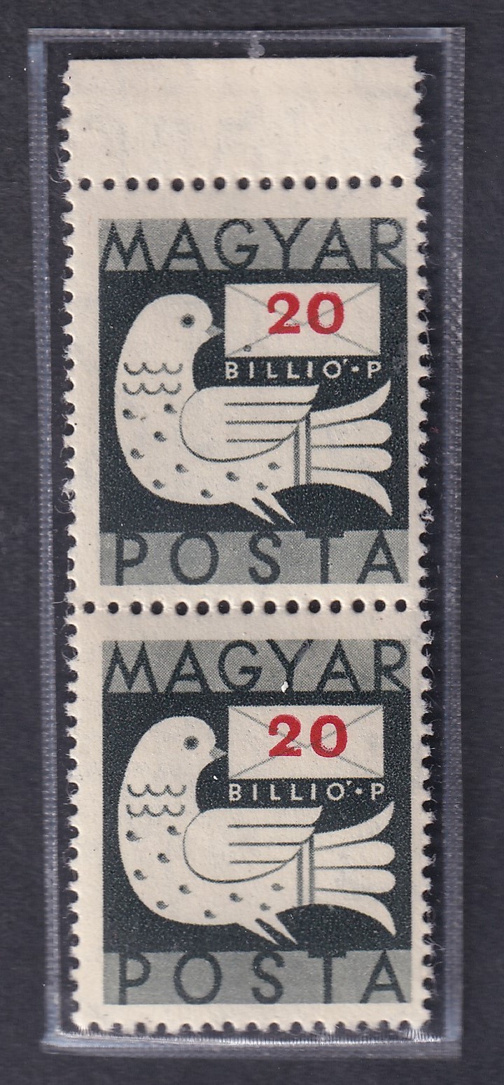 1946. Billiós, 2x20 bP ívszéli pár az ív 8. helyén ismétlődő lemezhiba, folt a boríték hajtókán (több címleten ismert, nem minden íven!) /R/