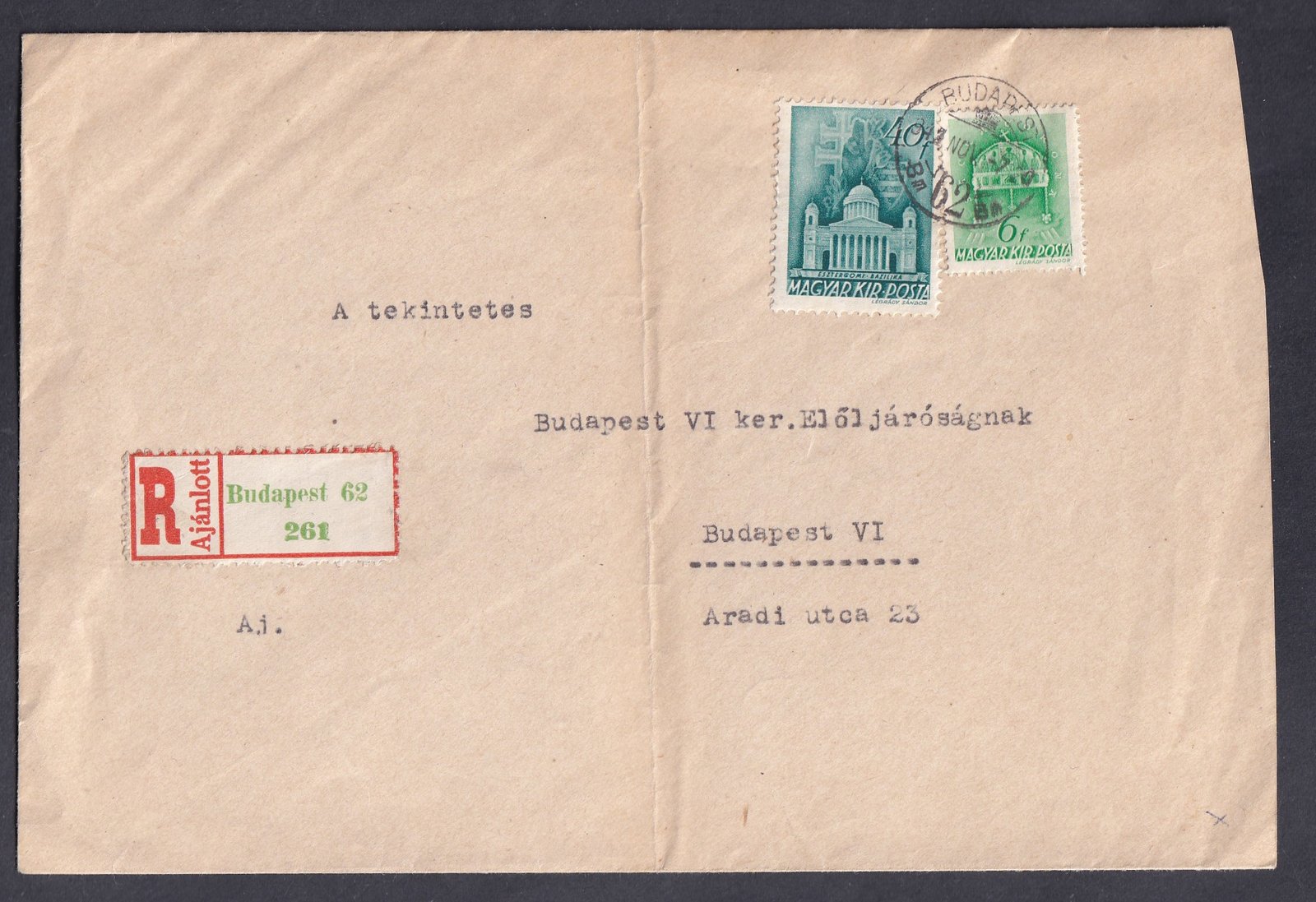 1942. Budapest, helyben feladott ajánlott levél