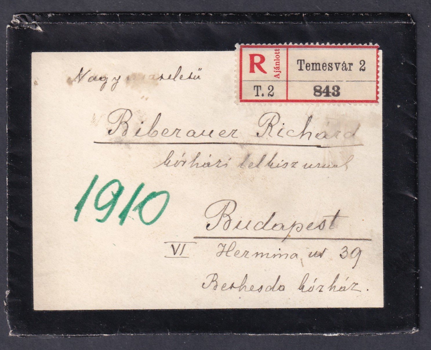 1910. Temesvár, Budapestre feladott ajánlott levél