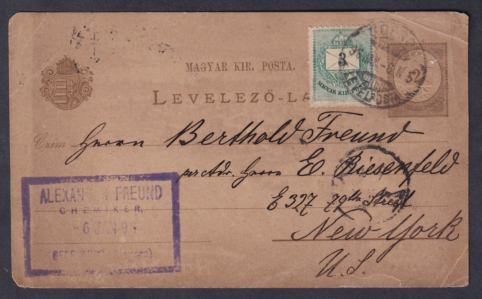 1896. Sopron, New York-ba feladott díj kiegészített levelezőlap