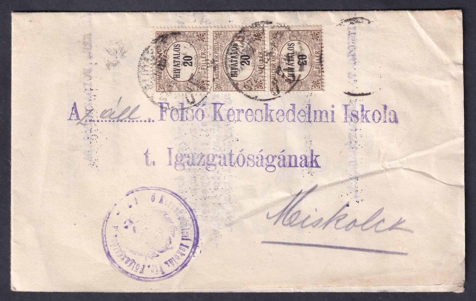 1922. Budapest, Miskolcra feladott nyomtatvány, Hivatalos bélyegekkel