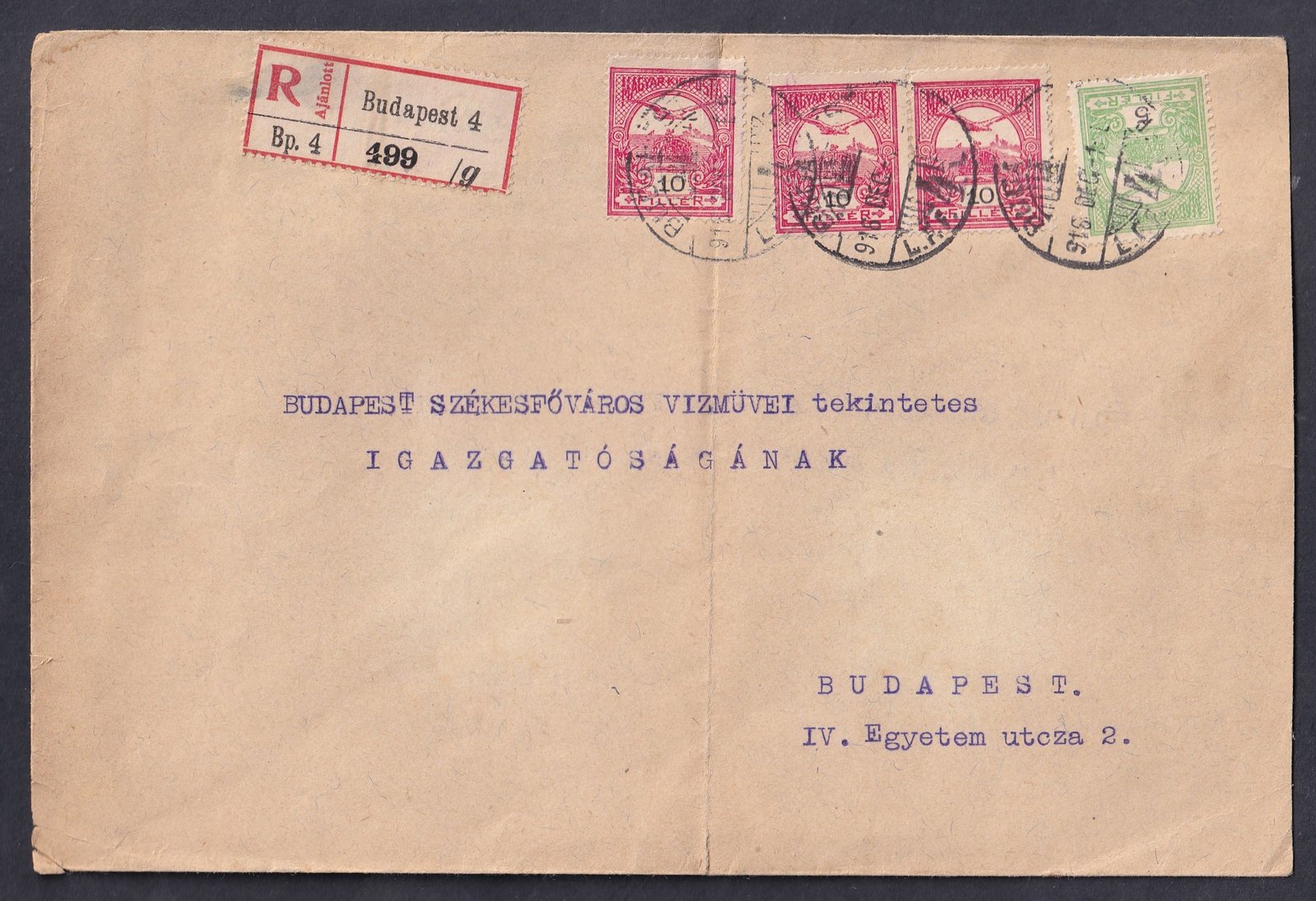 1916. Budapest, helyben feladott ajánlott levél