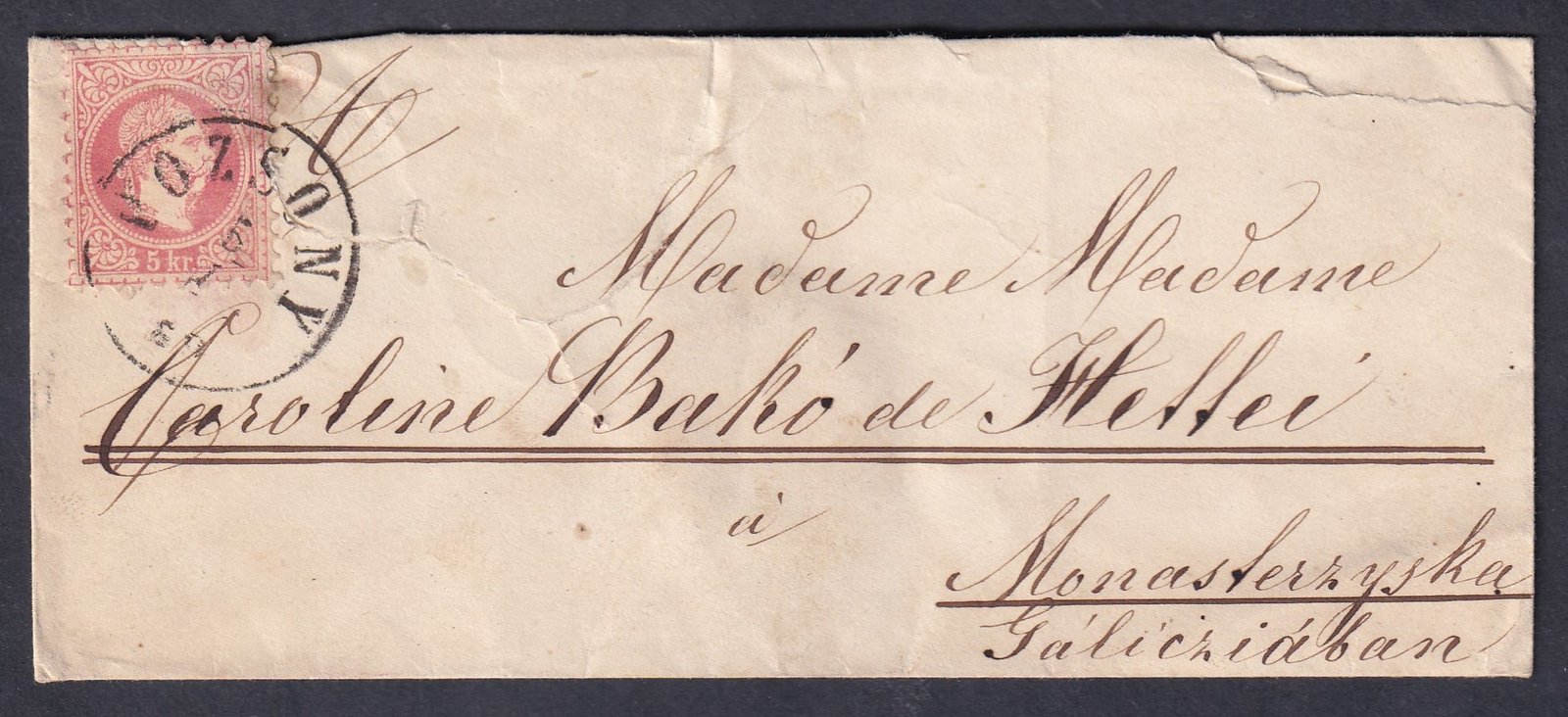 1869. Pozsony, Monasterzyska-ba feladott kisalakú levél