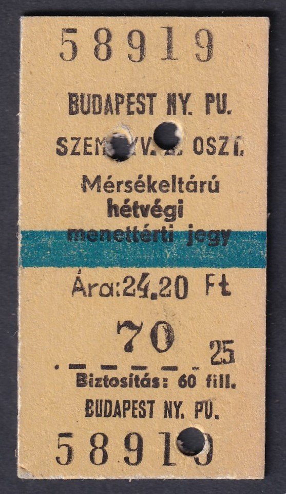 Kéregjegy – 1978. Budapest NY.P.U, mérsékeltárú hétvégi menetjegy, 2.osztály, 70km