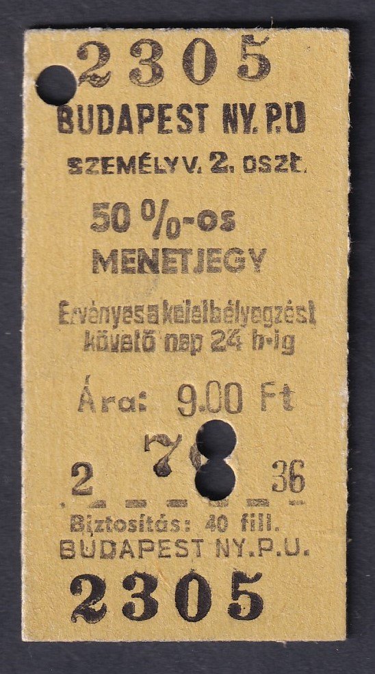 Kéregjegy – 1974. Budapest NY.P.U, 50%-os menetjegy, 2.osztály, 70km