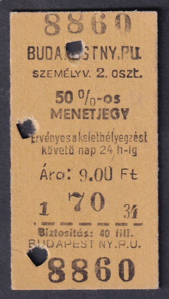 1974. Budapest NY.P.U, 50%-os menetjegy, 2.osztály, 70km