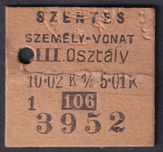 1918. Szentes, féljegy III. oszt. 5,01 Korona