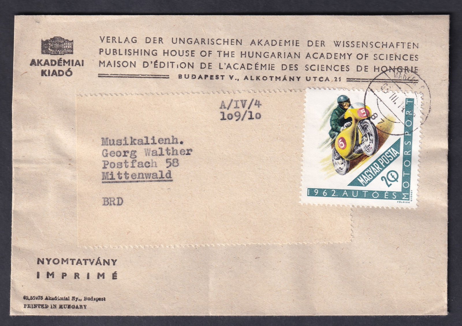 1963. Budapest, Mittenwald-ba feladott nyomtatvány boríték