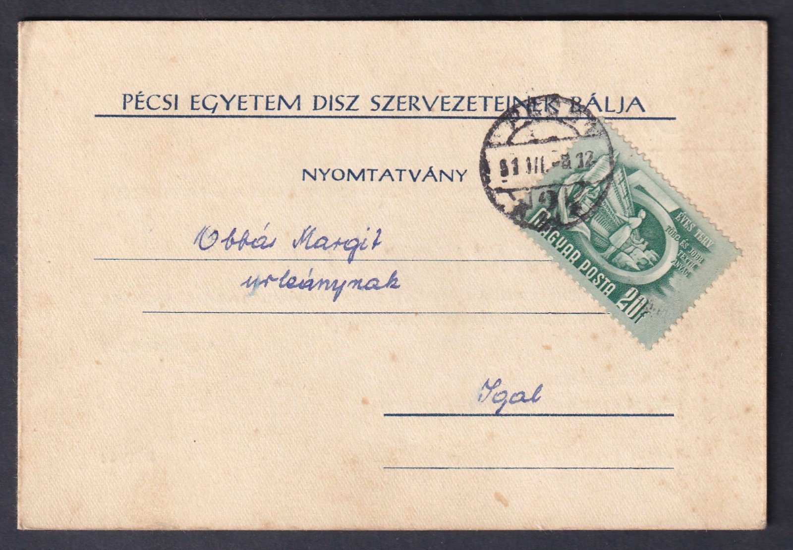 1951. Pécs, Igalra feladott nyomtatvány, tartalommal