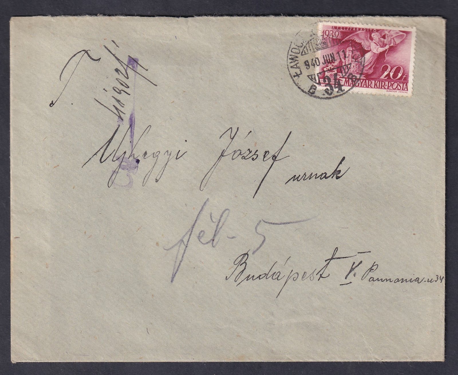 1940. ŁAWOCZNE - BUDAPEST mozgóposta bélyegzéssel, Budapestre feladott levél