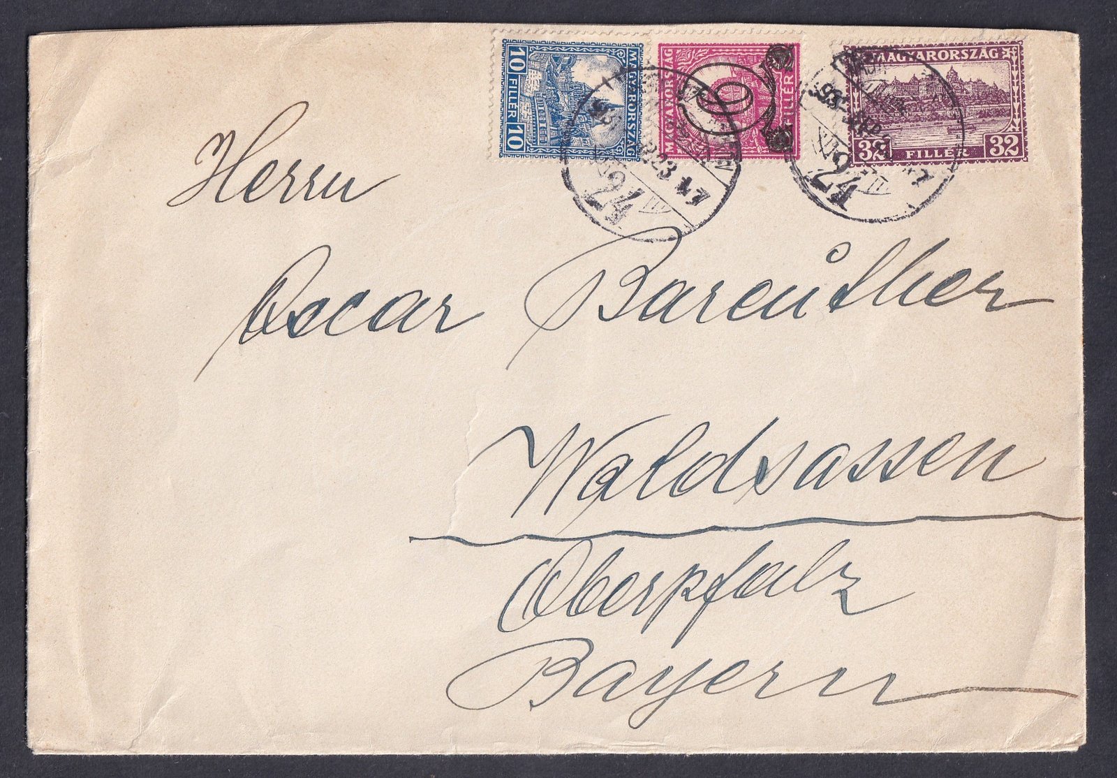 1931. Budapest, Waldsassen (Németország)-ba felafott 2. sf. levél, 3 színű bérmentesítéssel