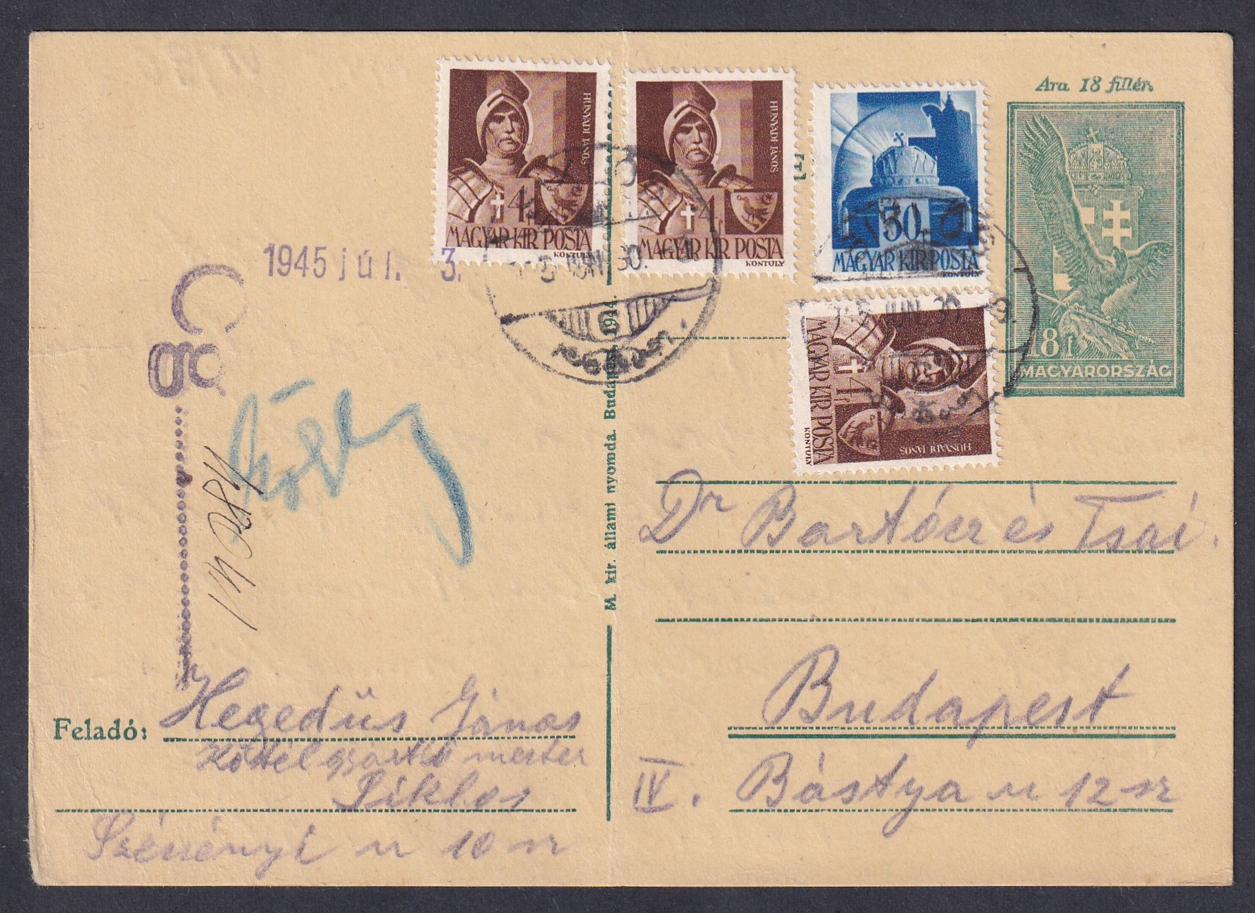 IMG_20260506_0005 1945. (első d.sz.) Siklós, Budapestre (1945-előtti bélyegekkel!!!) díjkiegészített levelezőlap