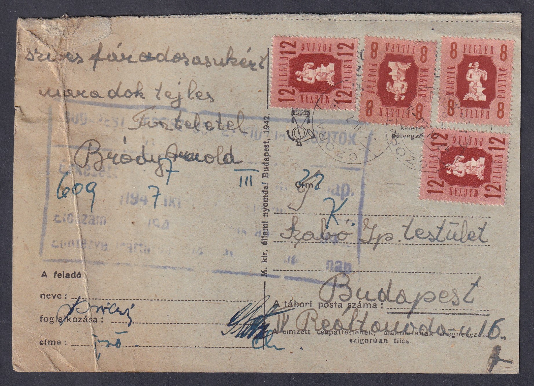 IMG_20260506_0006 1947. Ozora, Budapestre feladott levelezőlap, többes-színes bérmentesítés - Táboriposta (1942) levelezőlap civil felhasználás