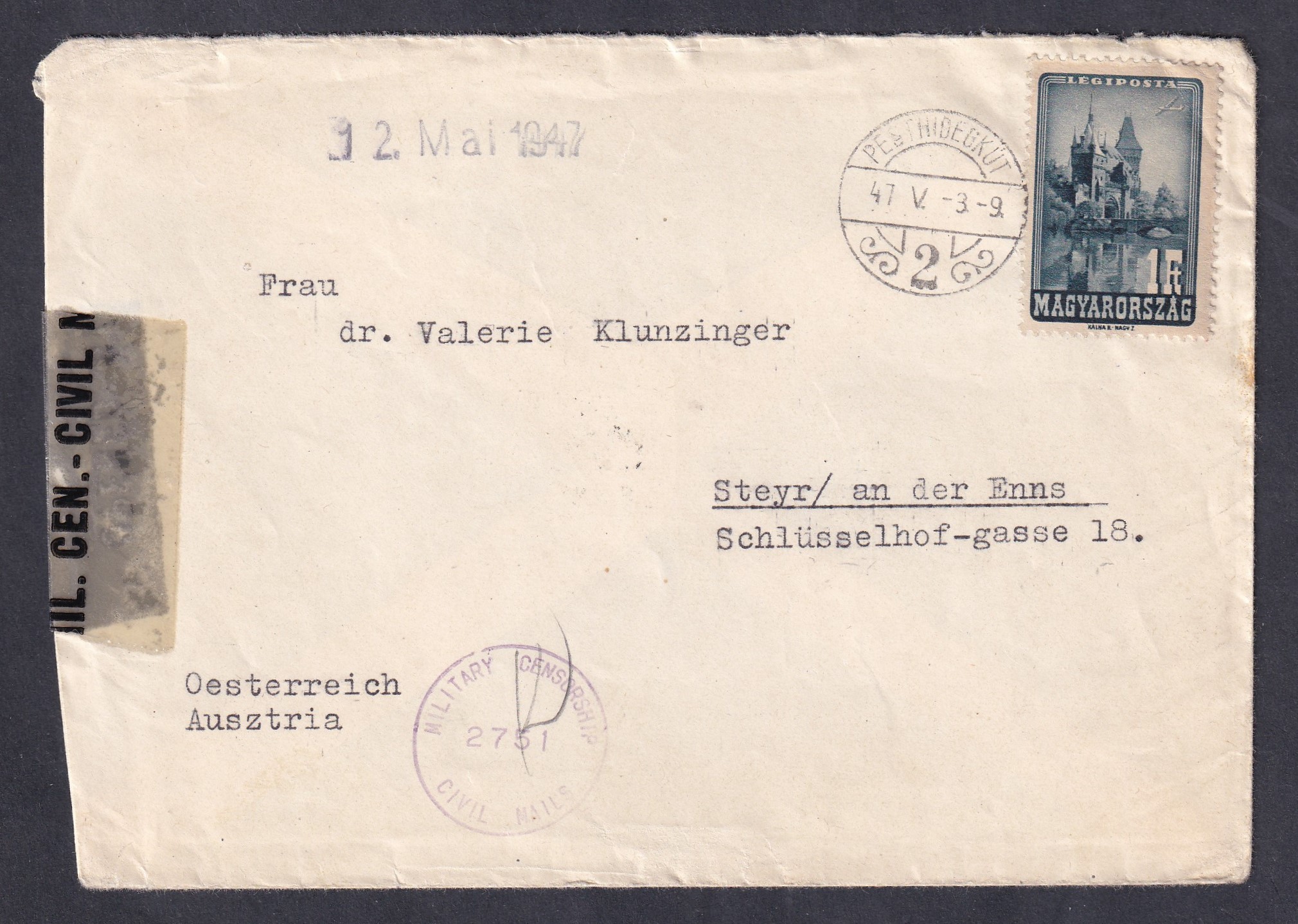 1947. Pesthidegkút, Ausztriába feladott cenzúrázott levél